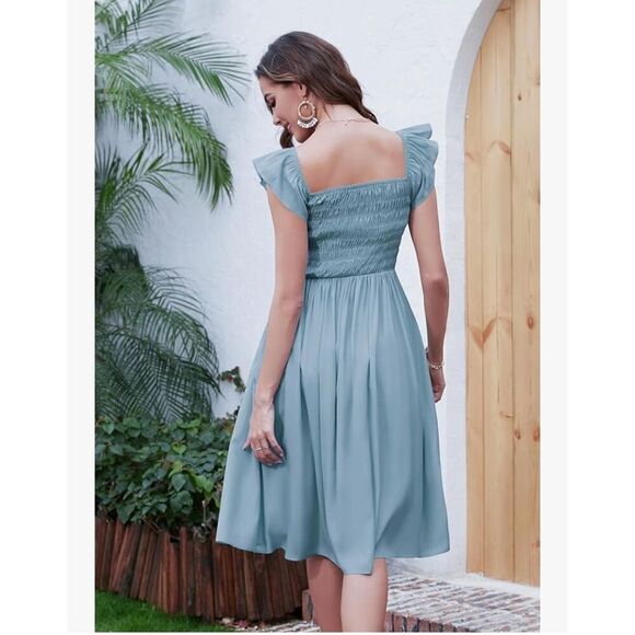 NEW Simier Fariry Smocked Knee Length Travel Casual Dress Pockets L - Picture 2 of 8